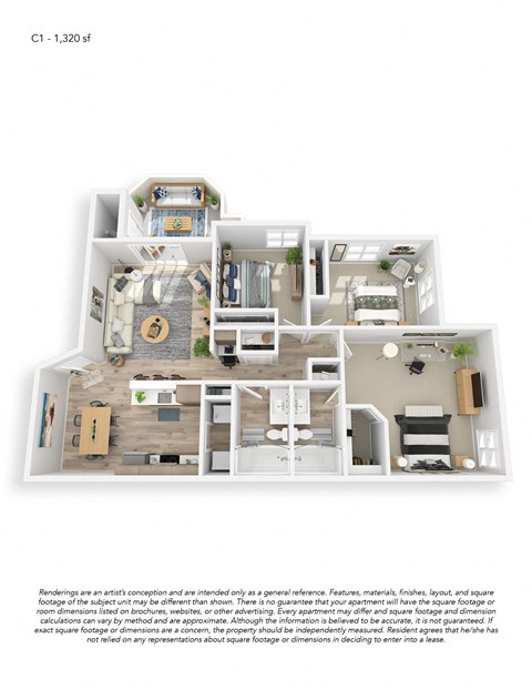 Three Bedroom Three Bath Premium Floor Plan 1320 sqft