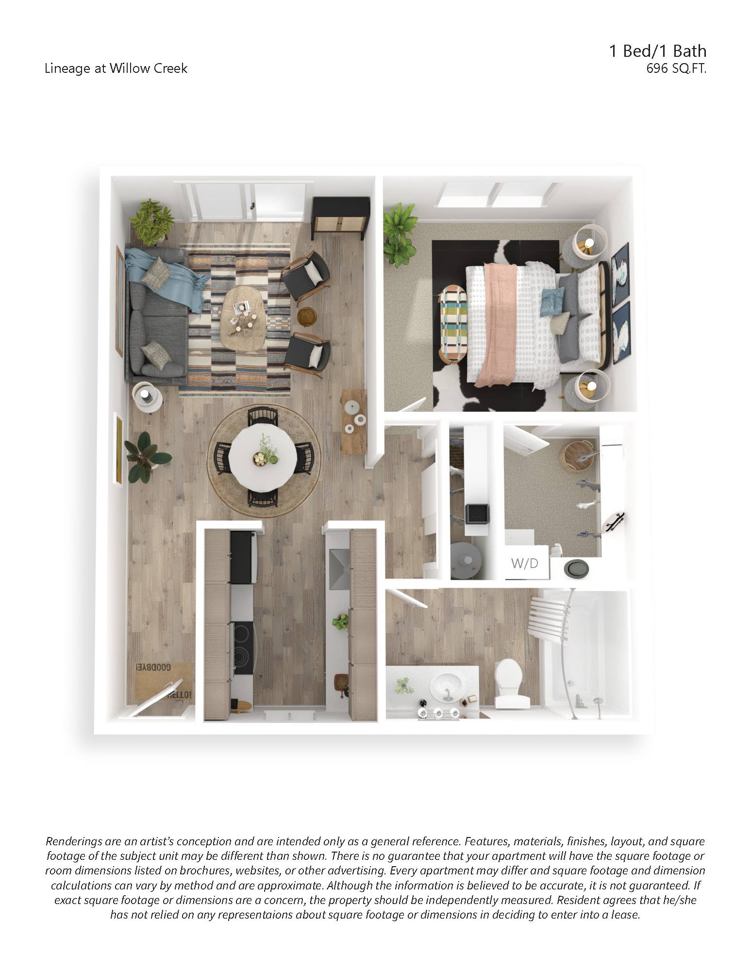 A floor plan of a 1 Bed/1 Bath apartment at Willow Creek.