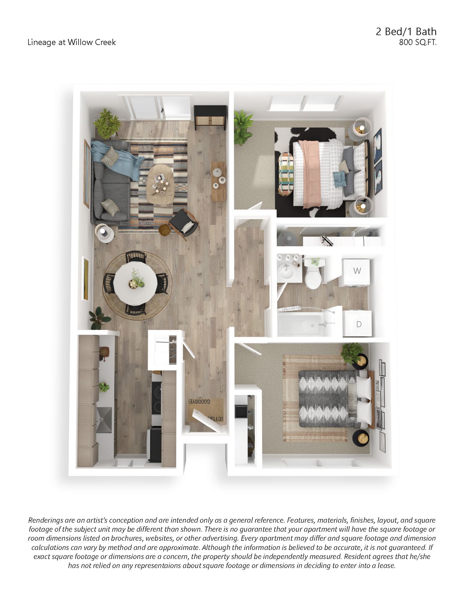 A floor plan of a 2 Bed/1 Bath apartment at Willow Creek.