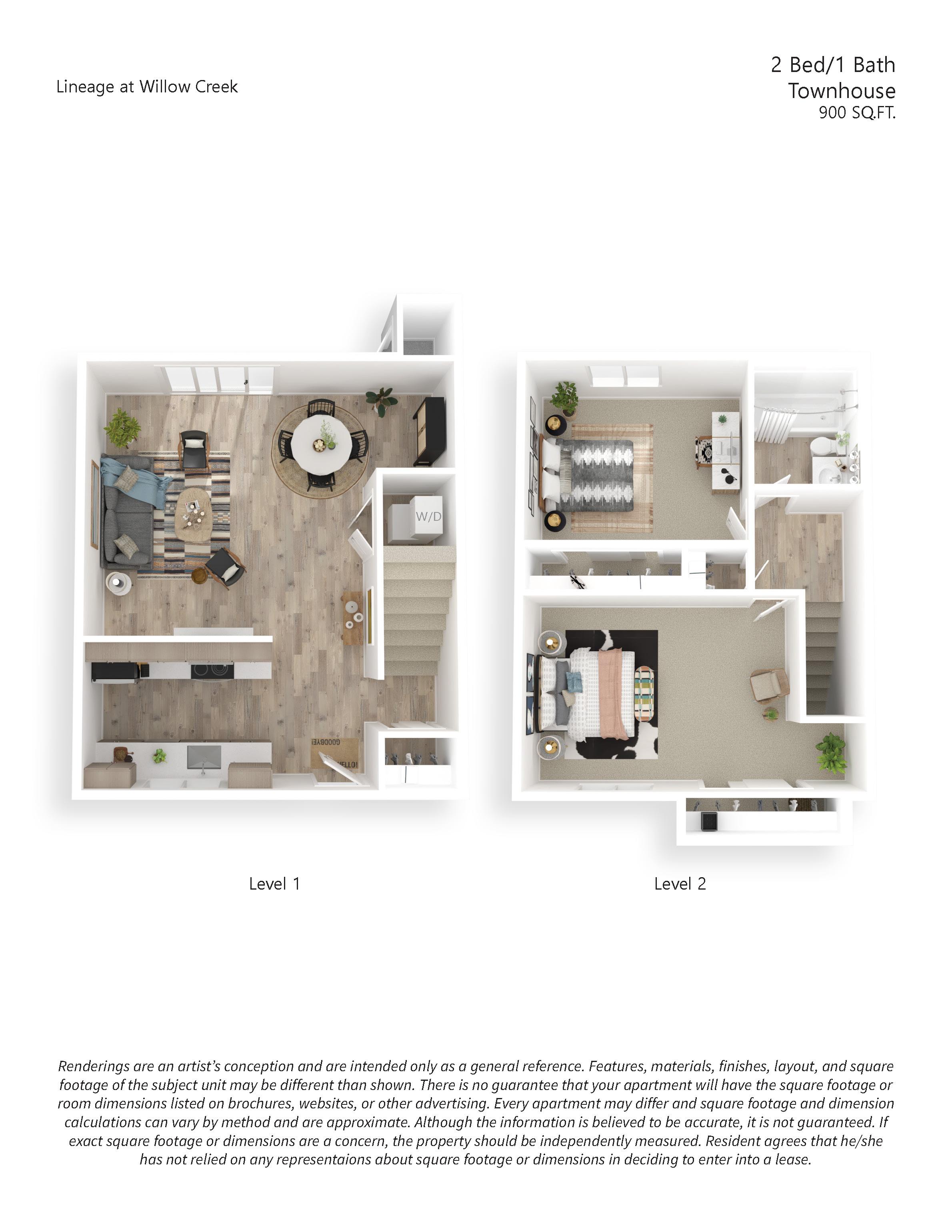 Two floor plan images of a 2 Bed/1 Bath Townhouse at Willow Creek.