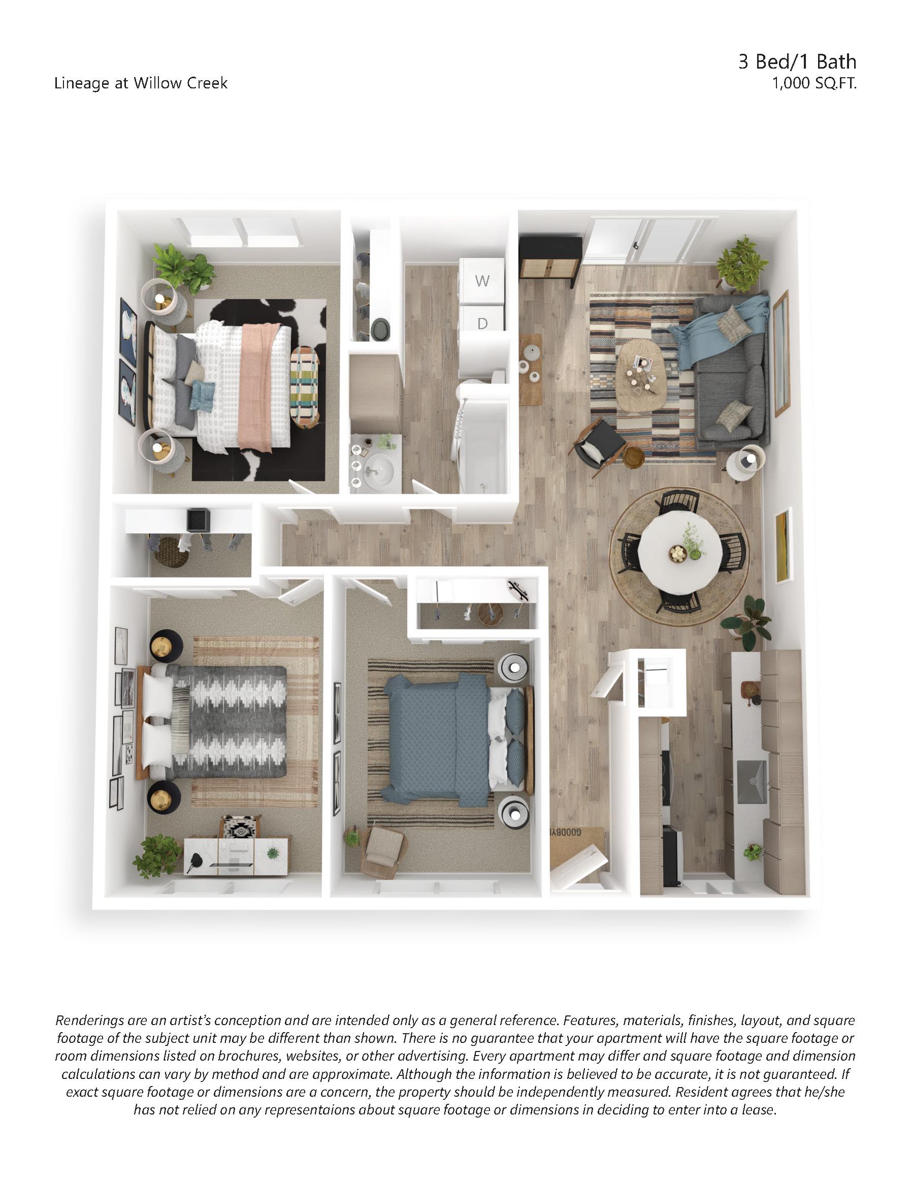 A floor plan of a 3 Bed/1 Bath apartment at Willow Creek.
