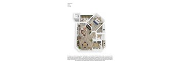 A 3D floor plan of a one bedroom, one bath apartment with 731 square feet.