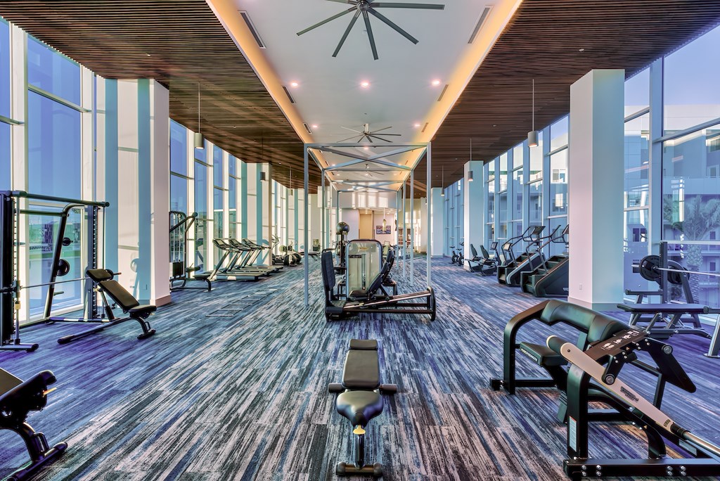 A gym with a variety of equipment including treadmills, weights, and exercise machines.