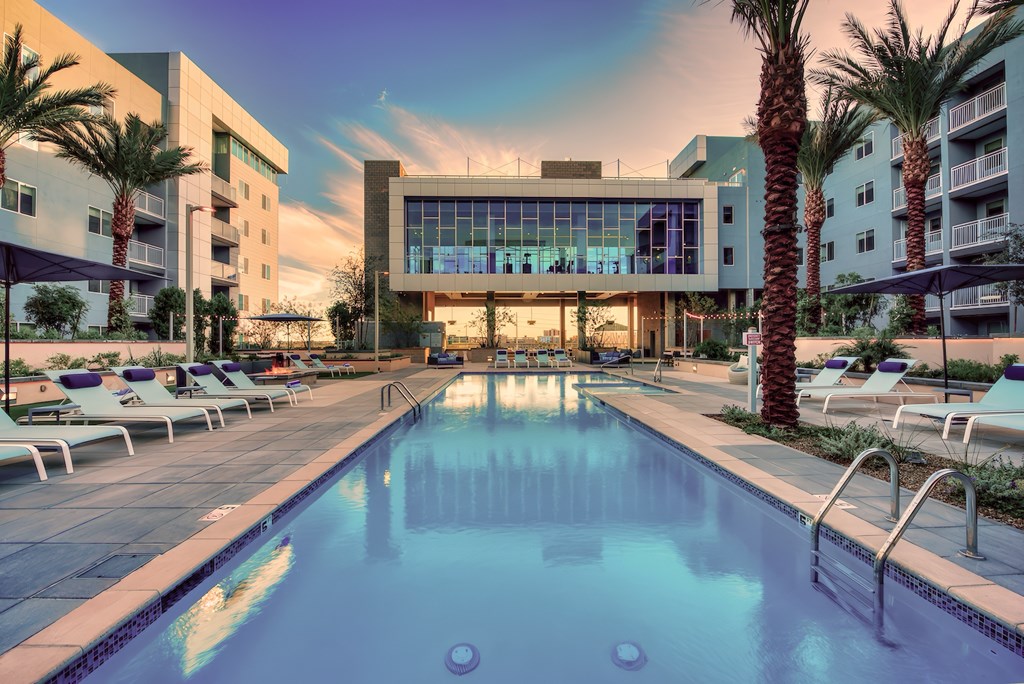 A large swimming pool surrounded by lounge chairs and palm trees.
