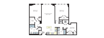 A floor plan of a house with two bedrooms, a living room, a dining room, a kitchen, a study, a bathroom, and a laundry area.