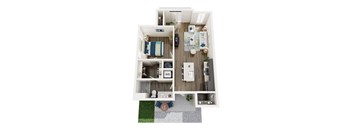 A top down view of a small apartment with a kitchen, living room and bathroom.