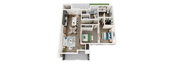 A top-down view of a small, neatly organized apartment with a kitchen, living room, and bedroom.
