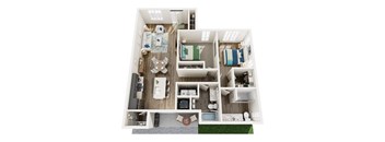 A top down view of a small apartment with a kitchen, living room, and bathroom.
