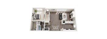 A top-down view of a small apartment with a kitchen, living room, and bathroom.