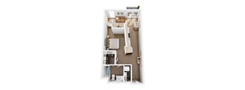 A top-down view of a small apartment with a kitchen, living room, and bathroom.