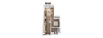 A top-down view of a small apartment with a kitchen, living room, and bathroom.