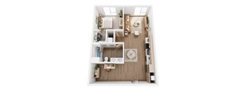 A top-down view of a small, neatly organized apartment with a kitchen, living room, and bathroom.