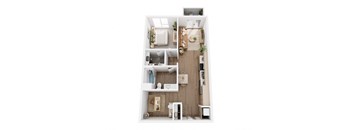 A top-down view of a small apartment with a kitchen, living room, and bedroom.