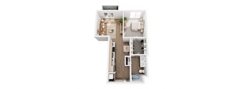 A top-down view of a small apartment with a kitchen, living room, and bathroom.
