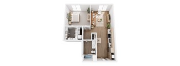 A top-down view of a small apartment with a kitchen, living room, and bathroom.