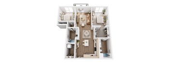 A top-down view of a small, neatly organized apartment with a kitchen, living room, and bedrooms.