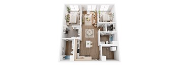 A top-down view of a small, well-organized apartment with a kitchen, living room, and bedroom.