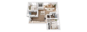 A top-down view of a well-organized apartment with a living room, kitchen, and bedroom.