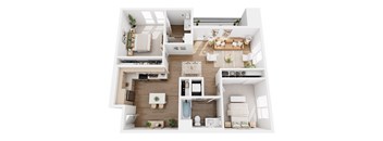 A top-down view of a modern apartment layout.