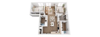 A top-down view of a modern apartment layout with a kitchen, living room, and bedrooms.