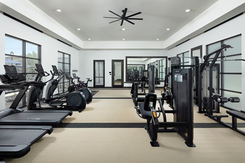 A spacious gym with treadmills, elliptical machines, and weight machines.