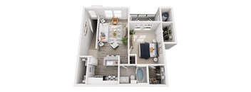 A top-down view of a small apartment with a living room, kitchen, and bathroom.