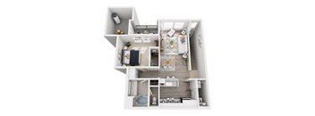 A white floor plan of a house with a kitchen, living room, and bathroom.