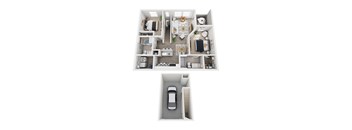 A top-down view of a house with a car parked in the driveway.