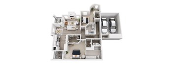 A 3D floor plan of a house with two bedrooms, a living room, a kitchen, a dining room, and two garages.