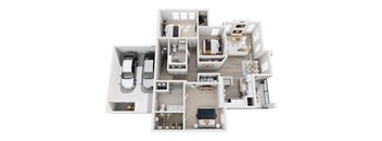 A 3D floor plan of a house with multiple rooms and a garage.