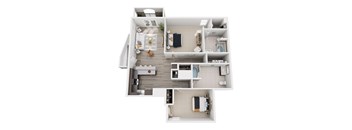 A top-down view of a small apartment with a kitchen, living room, and bedroom.