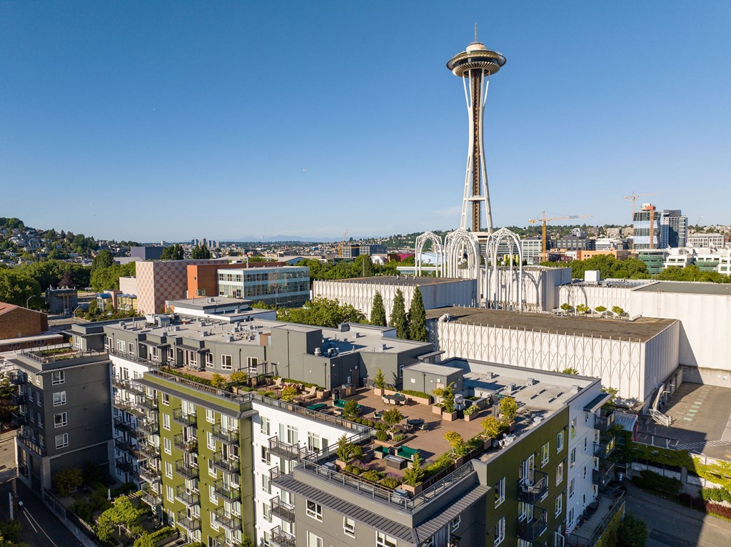 a view of the space needle from the top of a building in seattle  at Axis, Washington, 98109
