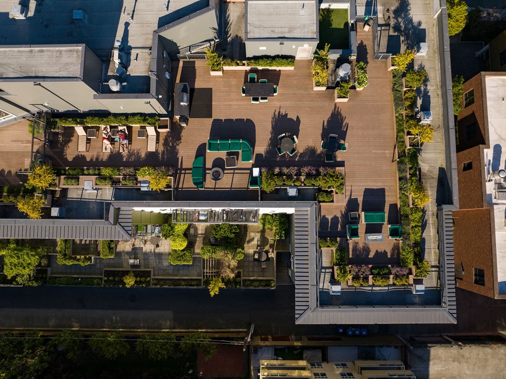 an aerial view of a house with a green roof  at Axis, Seattle, Washington
