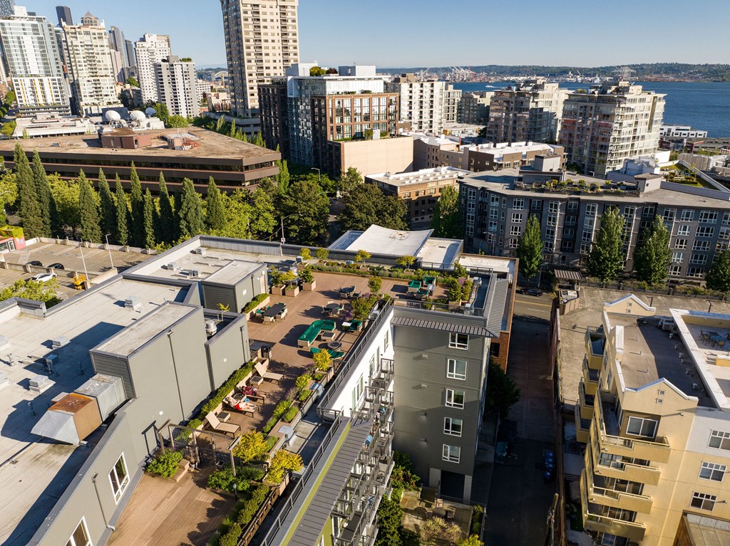 an aerial view of the university of british columbia campus with buildings and trees  at Axis, Seattle, 98109