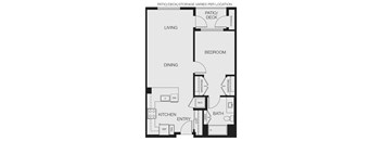 A floor plan of a house with a living room, dining room, kitchen, bathroom, and bedroom.