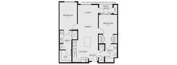 A black and white floor plan of a house with two bedrooms, a living room, a dining room, a kitchen, two bathrooms, a large closet, a coat area, a reference and pantry.