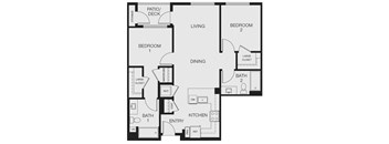 A black and white image of a house floor plan with a patio and deck.