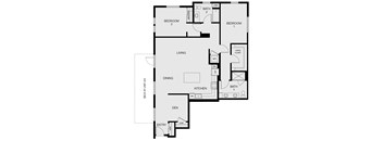 A floor plan of a house with two bedrooms, a living room, a kitchen, a dining room, a den, an entry, a coat closet, and a linen closet.