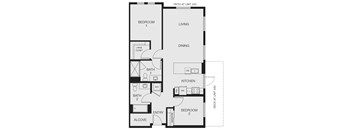 A floor plan of an apartment with two bedrooms, a living room, a dining room, a kitchen, and two bathrooms.
