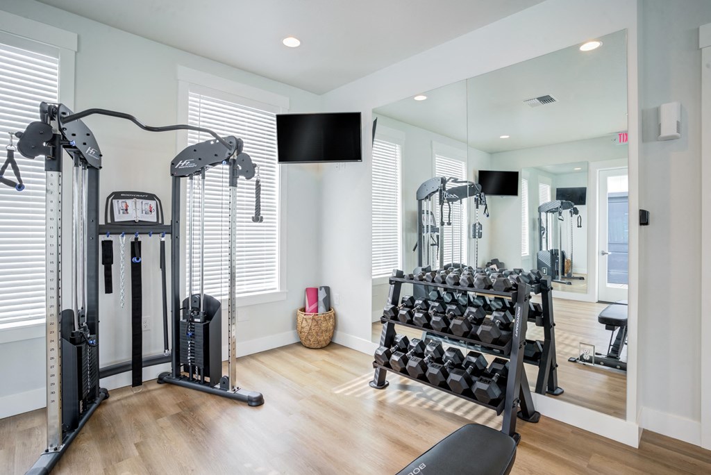 a gym with weights and a tv on the wall
