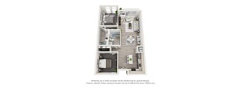 A 3D floor plan of a small apartment with a kitchen, living room, and two bedrooms.