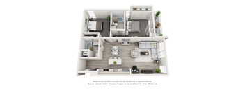 A 3D floor plan of a modern apartment with a kitchen, living room, and bedrooms.
