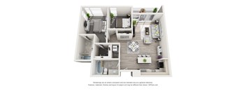 A 3D floor plan of a modern apartment with a kitchen, living room, and bathroom.