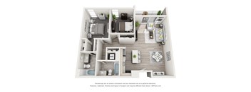 A 3D floor plan of a small apartment with a kitchen, living room, and bedroom.
