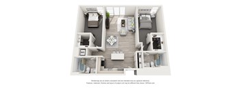 A 3D floor plan of a small apartment with a living room, kitchen, and bedroom.
