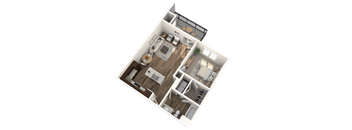 A top-down view of a house layout with a kitchen, living room, and bedrooms.