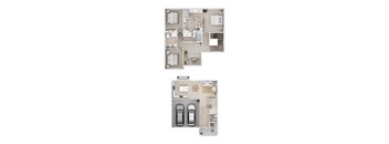A floor plan of a two-story residential building with two bedrooms, two bathrooms, a living room, a kitchen, a dining room, and a garage.
