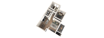 A 3D floor plan of a house with a kitchen, living room, and bathroom.