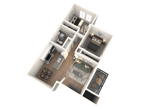 A 3D floor plan of a house with a kitchen, living room, and bathroom.