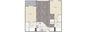 A floor plan of an apartment with two bedrooms, a living room, a kitchen, a bathroom, a desk, a linen closet, and a wardrobe.